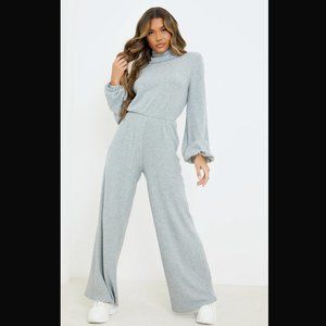GREY MARL BRUSHED RIB ROLL NECK BALLOON SLEEVE JUMPSUIT